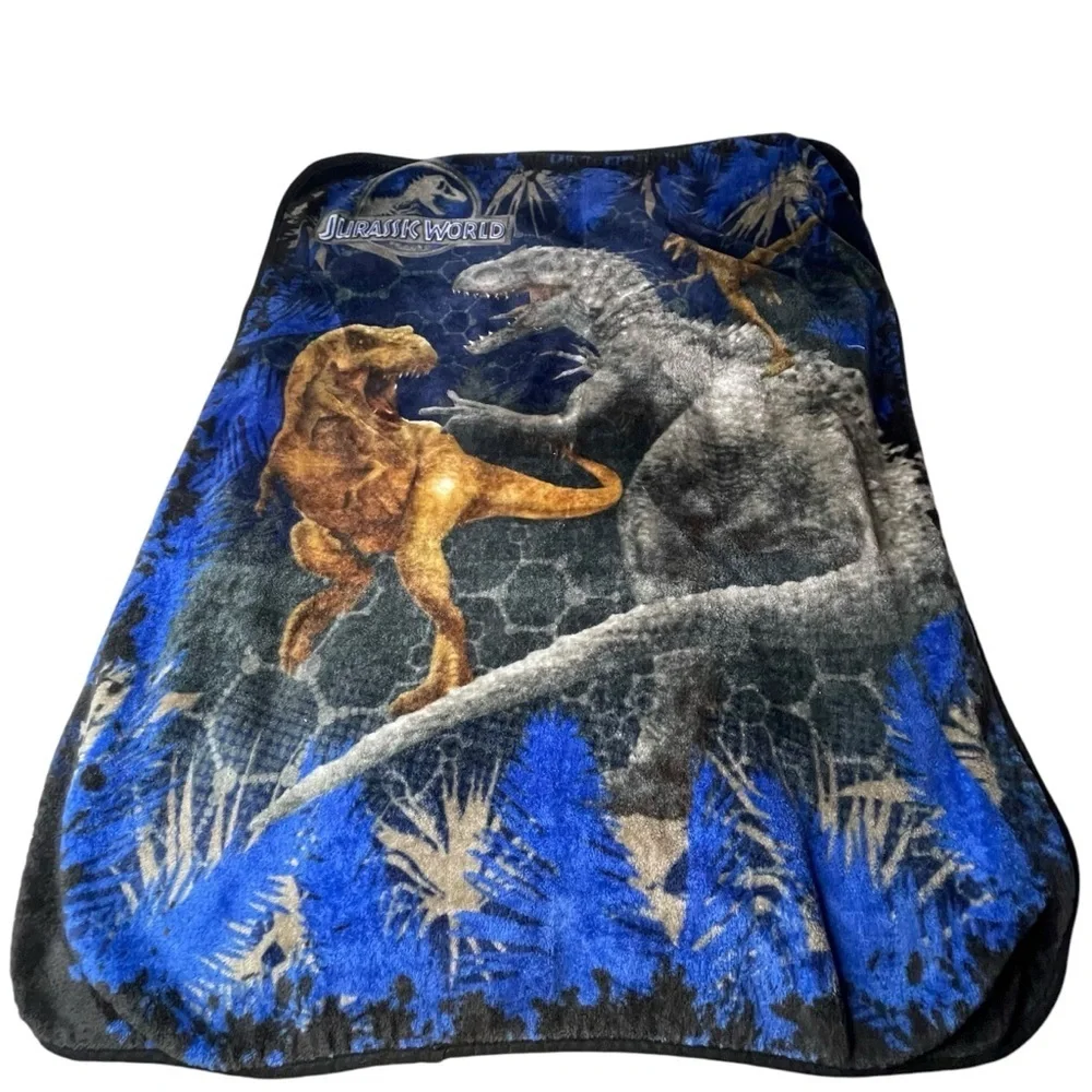 Jurassic World Dinosaur Plush Throw Blanket T-Rex Indominus Rex Blue 46x35